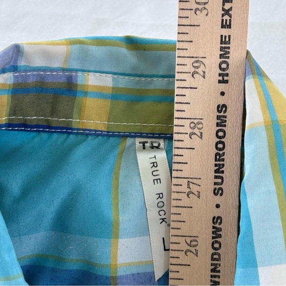 True Rock Mens short sleeve blue/yellow button up plaid shirt, size Large - Picture 8 of 9